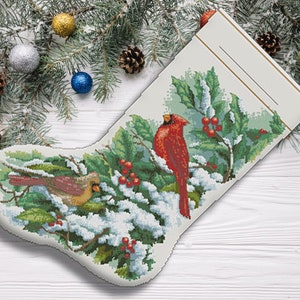 Frühe Schnee Kardinäle Weihnachtsstrumpf Kreuzstichmuster Weihnachtsmann Stickerei Hand Xstitch Decor Stickmuster Vorlage Stickmuster