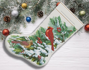 Early snow cardinals Christmas Stocking Counted Cross Stitch Pattern Santa Embroidery Hand Xstitch Decor Embroidery Chart Needlepoint Chart