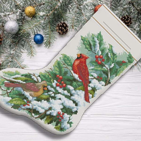 Early snow cardinals Christmas Stocking Counted Cross Stitch Pattern Santa Embroidery Hand Xstitch Decor Embroidery Chart Needlepoint Chart