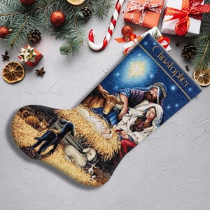 Holy Night Christmas Stocking Counted Cross Stitch Pattern Santa Embroidery Hand Xstitch Decor Embroidery Chart Needlepoint Chart image 3