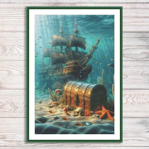 Unterwasser Schätze Kreuzstichmuster Voyage Digitales Muster Tropische Insel Meer Landschaft Nadelpunkt Karte versunkenes Schiff Piratenschiff