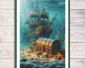 May include: A sunken wooden ship with a treasure chest on the ocean floor. The chest is open and has gold coins inside. There are starfish, shells, and other sea life around the chest.