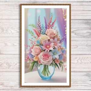 Zomerboeket geteld kruissteekpatroon Boeket lila vintage bloemen digitaal patroon gele rozen borduren borduurpatroon