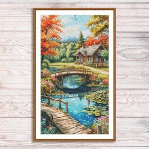 Wzór haftu krzyżykowego Dom wiejski Kwiaty ogrodowe Krajobraz letni Vintage Cottage Haft ręczny Haft krzyżykowy Wzór cyfrowy