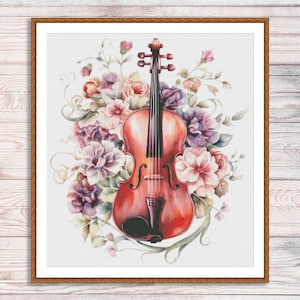 Aquarel viool kruissteekpatroon digitaal patroon viool en bloemen wilde bloemen patroon muziek borduren borduurpatroon downloaden