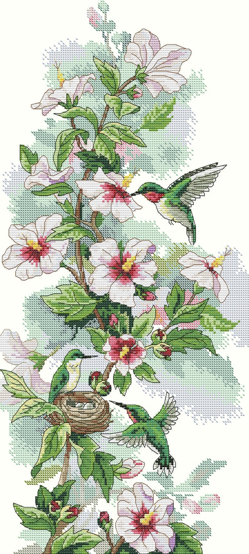 May include: A cross-stitch pattern featuring three hummingbirds with green and red plumage interacting with a flowering hibiscus plant. One bird hovers near a bloom, another sits in a nest with eggs, and a third flies near the flowers.