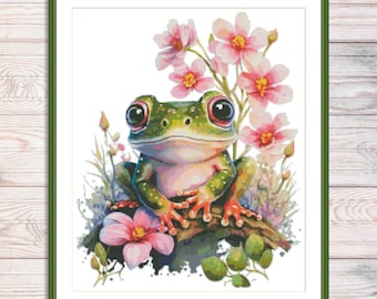 Watercolor Frog in Flowers Cross Stitch Pattern Summer Flower Digital pattern Garden stitch pattern Animal embroidery Needlepoint chart PDF