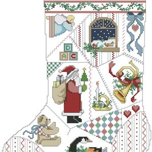 May include: A cross-stitch Christmas stocking featuring various holiday-themed images. Santa Claus, a teddy bear, a goose, and a window scene are among the designs. The stocking has a patchwork design with red, green, and blue accents.