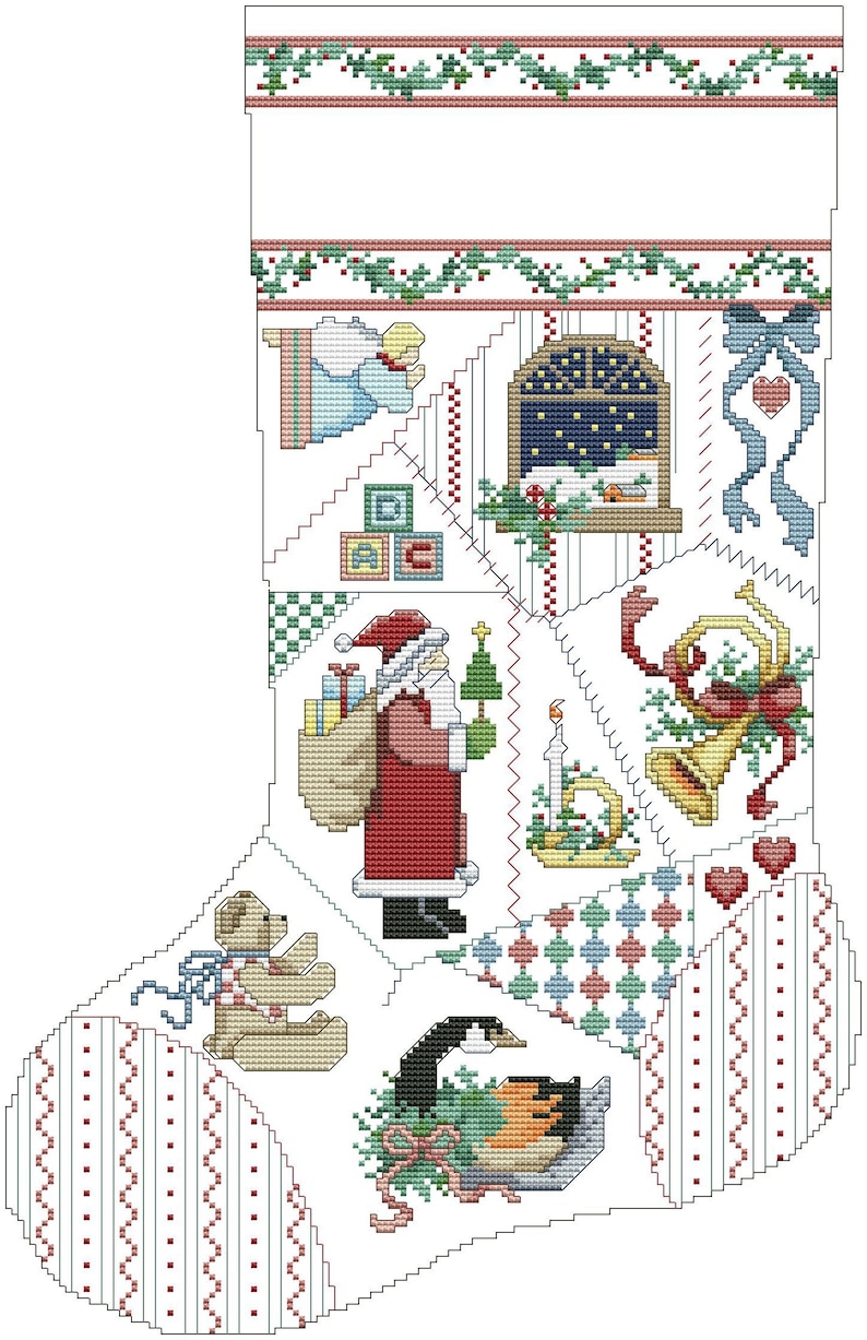 May include: A cross-stitch Christmas stocking featuring various holiday-themed images. Santa Claus, a teddy bear, a goose, and a window scene are among the designs. The stocking has a patchwork design with red, green, and blue accents.