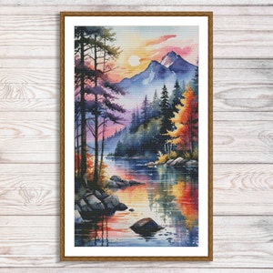 Herbst Landschaft Kreuzstichmuster Sonnenuntergang Wald Berge Fluss Wasserfall Stickerei Nadelspitze Stickmuster