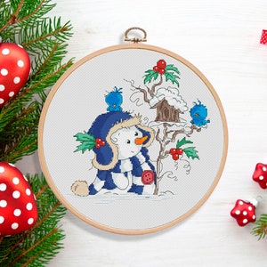 Snowman Birds Christmas Cross Stitch Pattern Xmas Presents Hand Embroidery Home Stitching Decor Gift Embroidery Pattern Needlepoint Chart