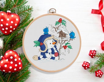 Snowman Birds Christmas Cross Stitch Pattern Xmas Presents Hand Embroidery Home Stitching Decor Gift Embroidery Pattern Needlepoint Chart