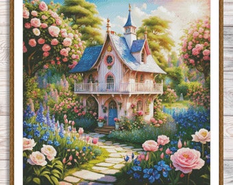 Sweet Home Counted Cross Stitch Pattern Country House Garden Flowers Summer Landscape Vintage Cottage Needlepoint Chart Digital Pattern