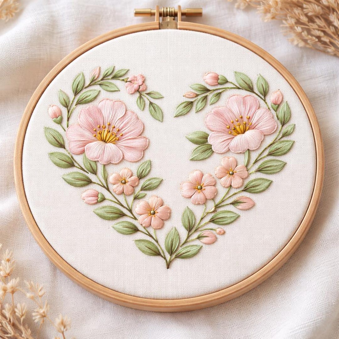 Floral Heart Embroidery Pattern PDF, Romantic Flower Heart Hand ...