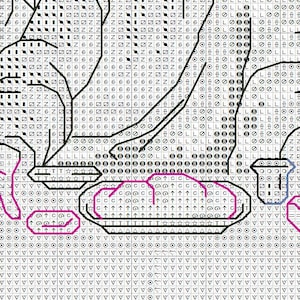 May include: A cross stitch pattern chart printed on a white grid background, featuring black outlines of hands and dishes. The design includes various geometric symbols, letters, and numbers within the grid squares to indicate specific thread colors.