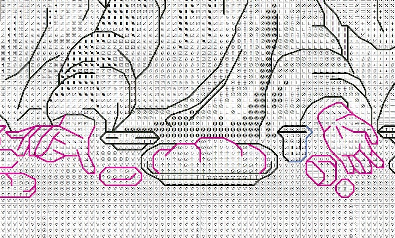 May include: A cross stitch pattern chart printed on a white grid background, featuring black outlines of hands and dishes. The design includes various geometric symbols, letters, and numbers within the grid squares to indicate specific thread colors.