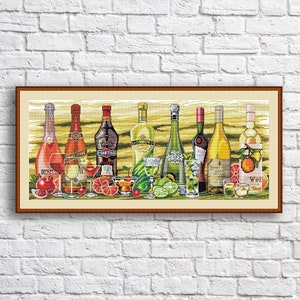 Bottle Wine Cross Stitch Pattern Still Life Kitchen Decor Hand Embroidery Needlepoint Chart Counted cross stitch Glass Shot Cocktail Fruit