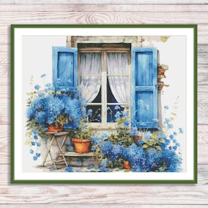 May include: A painting of a window with blue shutters and white curtains. There are potted plants with blue flowers on either side of the window.