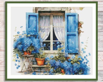 Window with flowers Counted Cross Stitch Pattern Digital Pattern European city Landscape Pattern Needlepoint chart Vintage Old town street