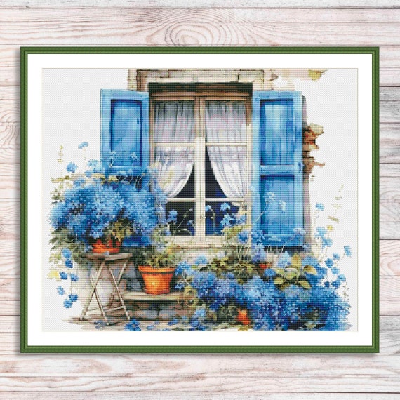 Window with flowers Counted Cross Stitch Pattern Digital Pattern European city Landscape Pattern Needlepoint chart Vintage Old town street