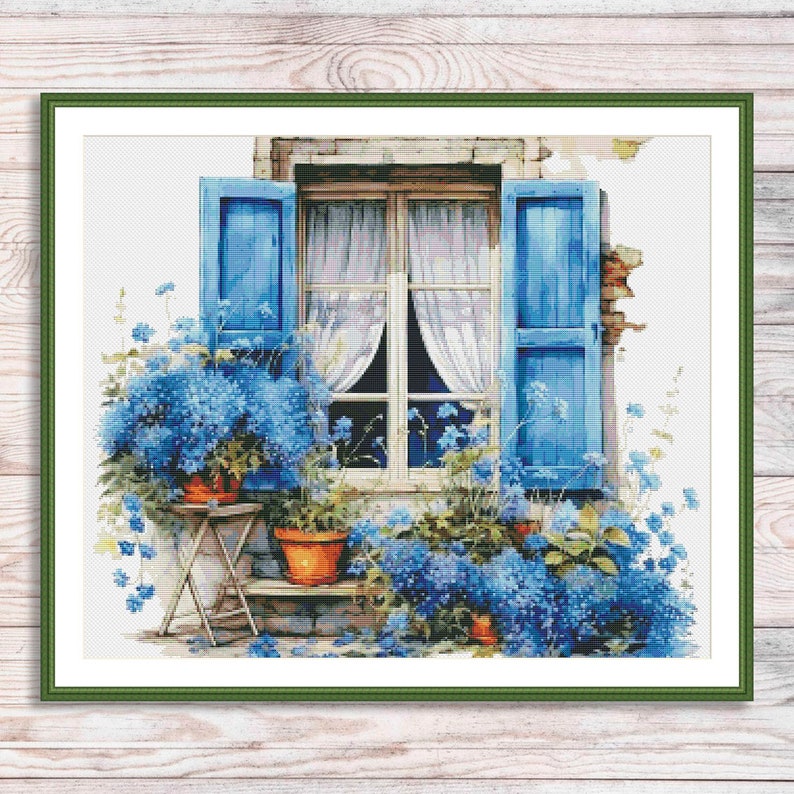 May include: A painting of a window with blue shutters and white curtains. There are potted plants with blue flowers on either side of the window.