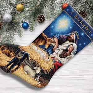 Holy Night Christmas Stocking Counted Cross Stitch Pattern Santa Embroidery Hand Xstitch Decor Embroidery Chart Needlepoint Chart image 1