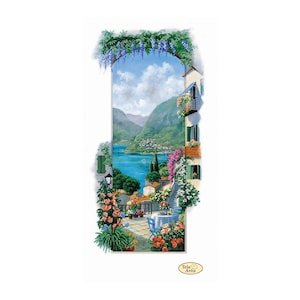 May include: A colorful painting depicts a scenic Italian lakeside view. An archway, adorned with purple wisteria, frames a blue lake and distant mountains. A balcony with flowers and a table set for two are visible. The painting has the "Tela Artis" logo.