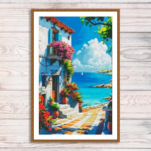 Sunny Street Counted Cross Stitch Pattern Village Cottage Flowers Floral House Hand Embroidery Needlepoint Chart Building Summer Landscape