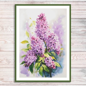 Aquarel lila tak geteld kruissteekpatroon Violet Frowers Tak van tuinbloemen Vintage bloemen digitaal borduurpatroon pdf