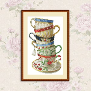 Kitchen Cross Stitch Pattern Tea Cups Pattern Kitchen Still Life Modern Decor Pattern Cups Mugs Napkins Embroidery Needlepoint chart PDF