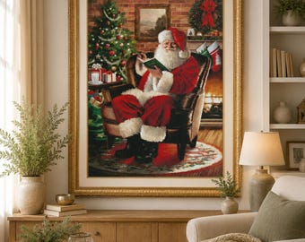 Santa in the chair Christmas Cross Stitch Pattern Modern Xstitch Decor Christmas Embroidery Needlepoint Chart Fireplace Christmas tree