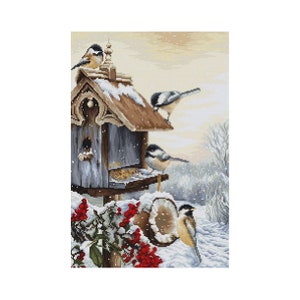 Cross Stitch Kit Bird house Counted Cross Stitch Luca-S Bird Cross Stitch Animal pattern Winter landscape Wall decor Gift for mom