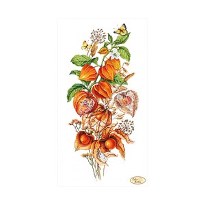 Könnte beinhalten: Ein Aquarellbild eines Straußes aus orangefarbenen und braunen Chinesischen Laternen mit grünen Blättern und zwei gelben Schmetterlingen. Der Strauß befindet sich auf einem weißen Hintergrund.