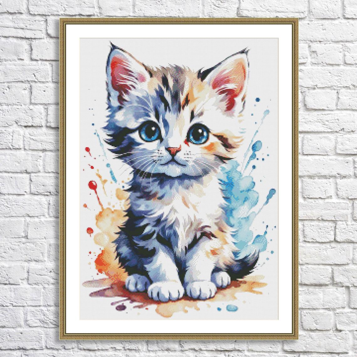 かわいい子猫のクロスステッチ図案PDF、水彩風猫の刺繍デザイン