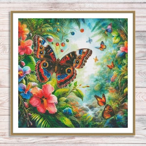 Vlinders tropische bloemen kruissteekpatroon digitaal patroon pdf modern decor wilde bloemen patroon boeket borduren borduren borduurpatroon
