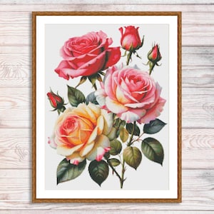 Aquarel rozen tak geteld kruissteekpatroon roze bloemen tak van tuin bloemen vintage bloemen digitaal borduurpatroon pdf