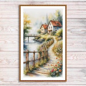 Wzór haftu krzyżykowego Dom wiejski Kwiaty ogrodowe Krajobraz letni Vintage Cottage Haft ręczny Haft krzyżykowy Wzór cyfrowy