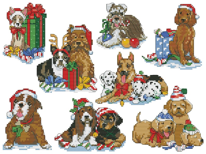 Christmas Cross Stitch Pattern Holiday Hound Dog Ornaments Set Etsy