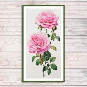 Aquarel rozen tak geteld kruissteekpatroon roze bloemen tak van tuin bloemen vintage bloemen digitaal borduurpatroon pdf