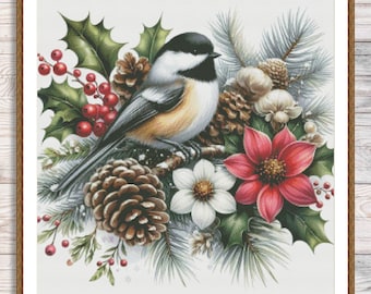 Patrón de punto de cruz de pájaro de invierno Patrón de pájaro de bosque de invierno con nieve Gráfico de bordado de animales Descarga de patrón digital PDF