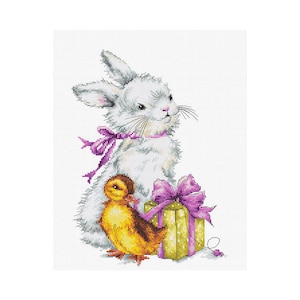 Coelho com frango Cartão de Páscoa Kit de ponto cruz de contagem Lucas Kits de ponto cruz de contagem Presente de Páscoa Animais bordados Caixa de presente com fita