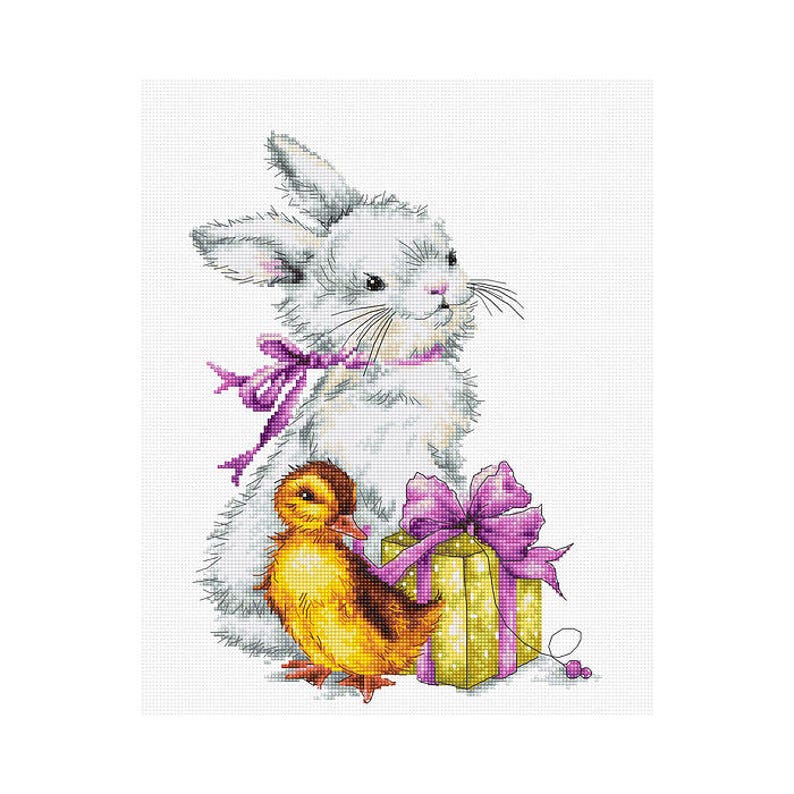 Lapin avec poulet Carte de Pâques Counted Cross Stitch Kit LucaS Counted Cross Stitch Kits Cadeau de Pâques Broderie animaux Coffret cadeau avec ruban image 1