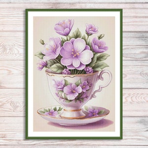 Paarse bloemenbeker Kruissteekpatroon Tuinbloemen Digitaal patroon Modern decor Wilde bloemenpatroon Boeket borduren Borduurpatroon
