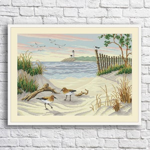 Beauty of the Beach Counted Cross Stitch Pattern Digital Pattern Modern Decor Landscape Pattern Hand Embroidery Needlepoint Seagulls Sea