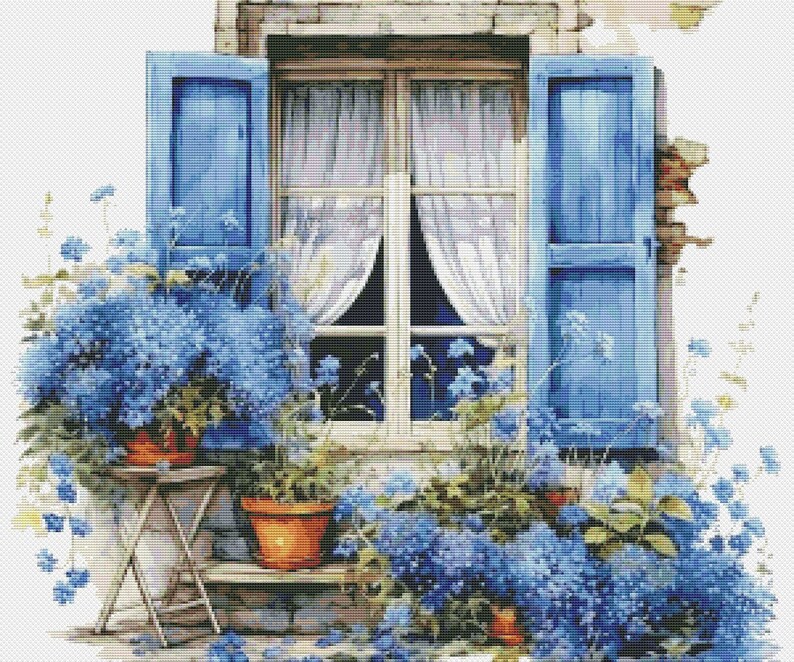 May include: A blue window with white curtains and shutters, surrounded by blue flowers in pots on a wooden ledge.