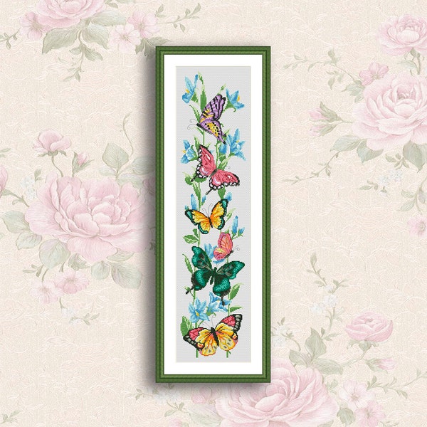 Papillons et fleurs Point de croix Motif Fleurs Motif de broderie Insect Needlepoint graphique Nature point de croix Main Moderne Décoration murale