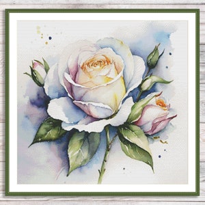 Aquarel enkele rozen geteld kruissteekpatroon roze bloemen Tak van tuinbloemen Vintage bloemen digitaal borduurpatroon PDF