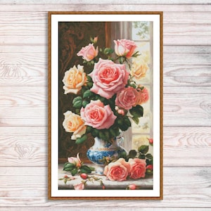 Boeket rozen geteld kruissteekpatroon Vintage bloemenborduurwerk Digitaal patroon PDF Rode rozen borduren borduurpatroon