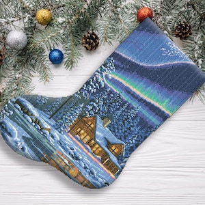 Aurora Cabin Christmas Stocking Counted Cross Stitch Pattern Embroidery Tree Hand Stitching Decor Embroidery Chart Needlepoint Chart PDF