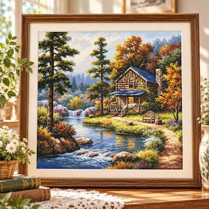 May include: A framed cross-stitch landscape art piece depicting a rustic log cabin beside a flowing river and waterfall. The scene features tall pine trees, autumn-coloured foliage, a small wooden bench, and a stone chimney under a bright sky.